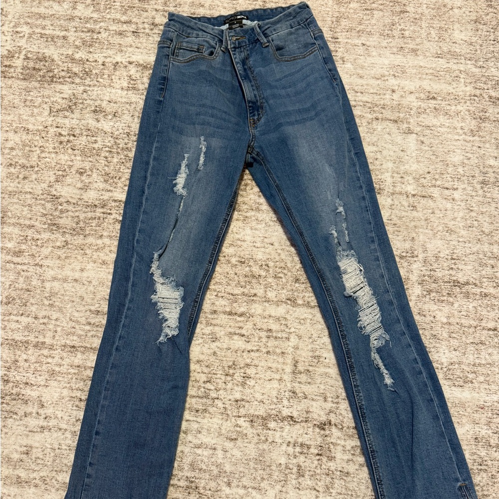 Fashion Nova Blue Distressed Skinny Jeans